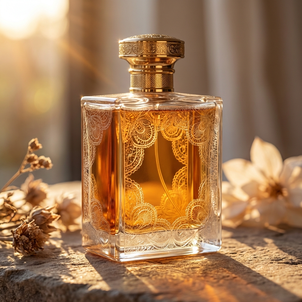 Luxury perfume bottle with intricate etched pattern design