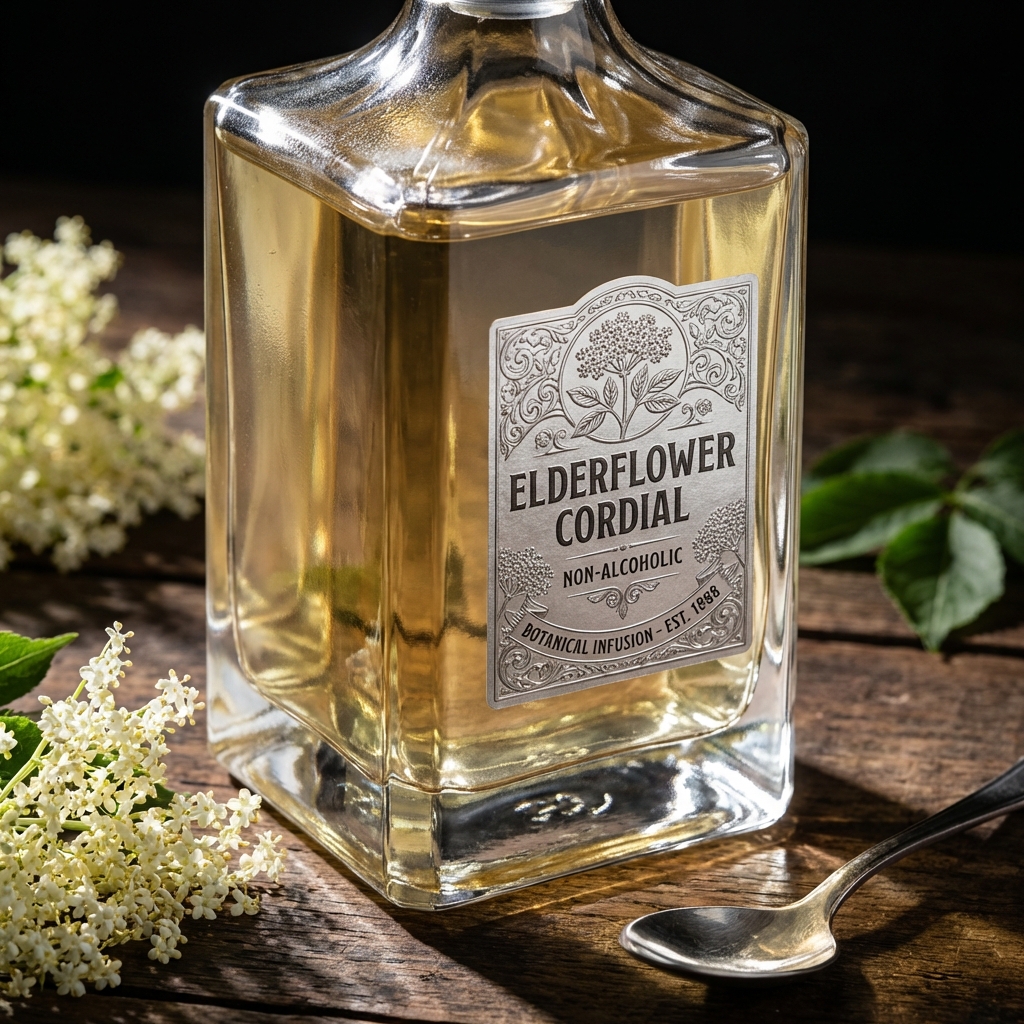 Silver foil stamped premium glass bottle with detailed pattern