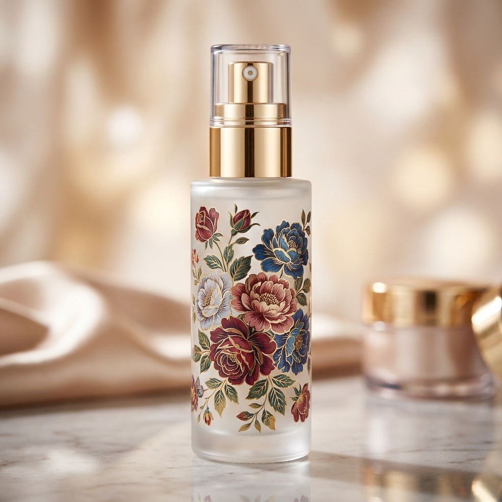 Multi-color screen printed cosmetic bottle with vibrant branding